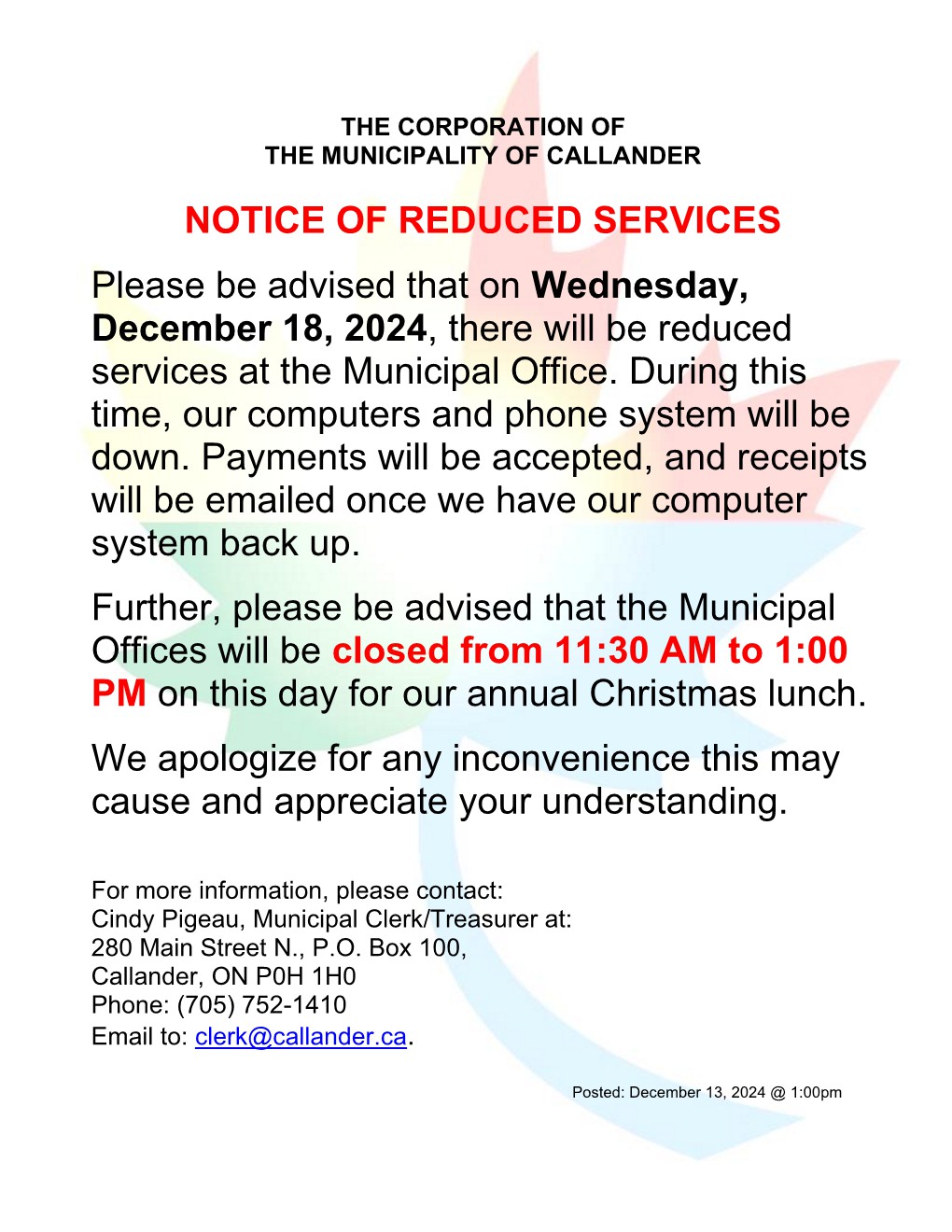 Notice of Reduced Services and Temporary Closure